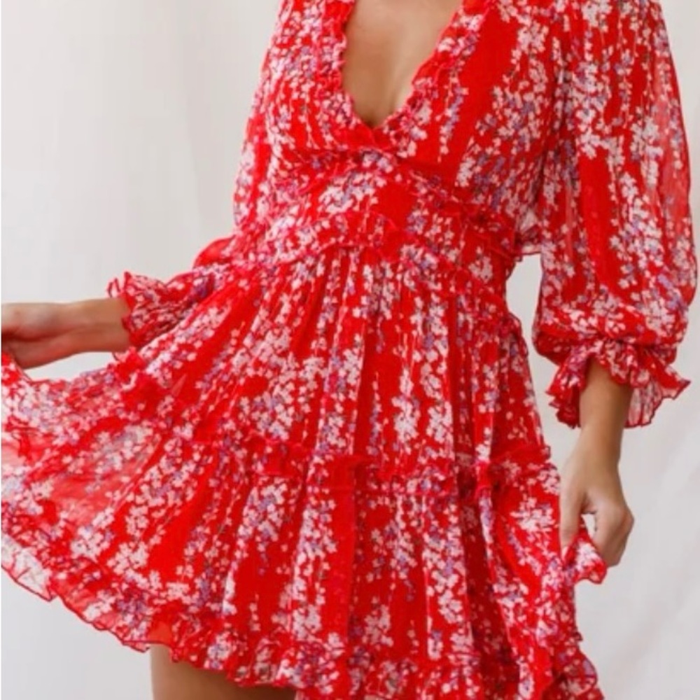 Floral A Line Swing Mini Dress Boho Deep V Neck Ruffle Open Back Junior Size XL